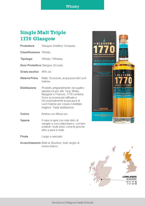 Whisky Single Malt Triple Distilled Glasgow 1770 | cl 70 in astuccio